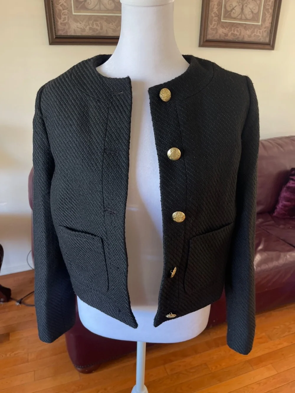 J. Crew Black Tweed Button-Front Blazer with Gold Buttons